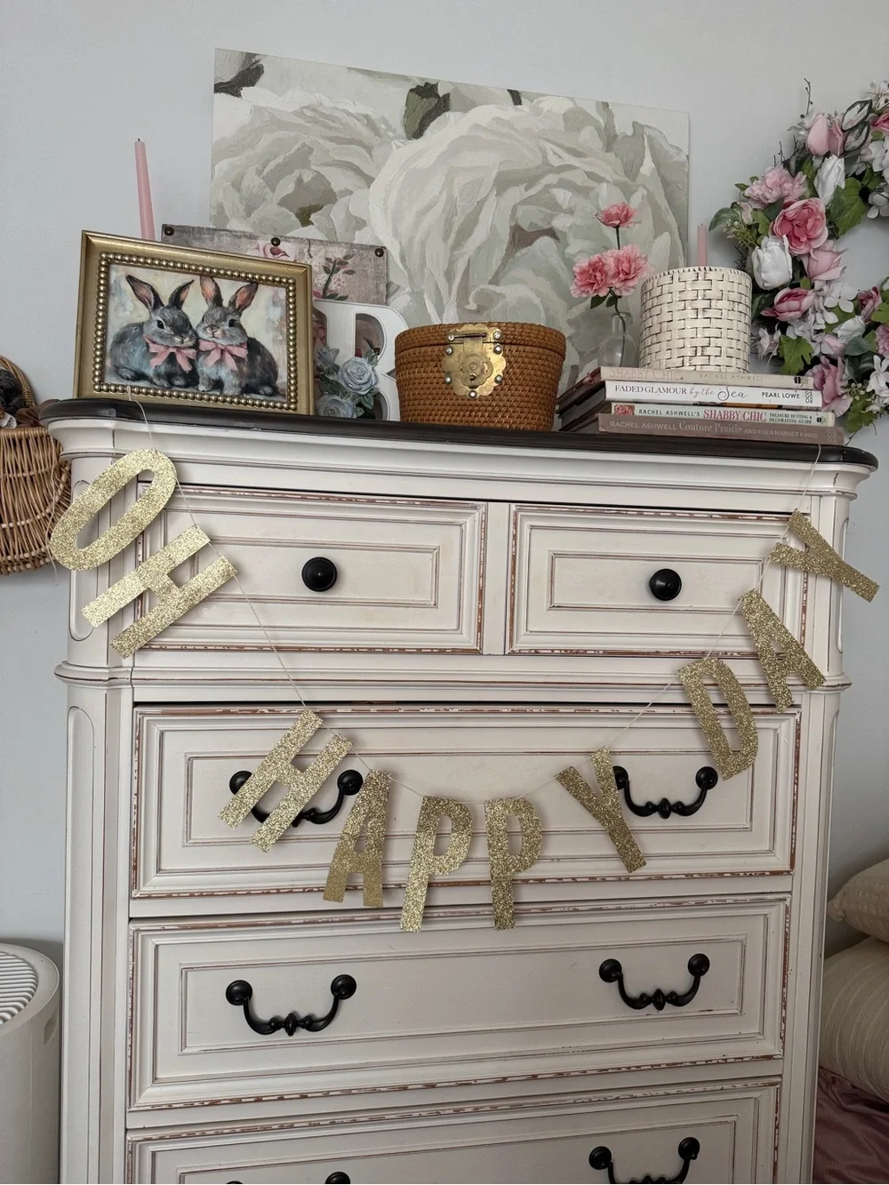 Cream Distressed Dresser with Black Hardware
